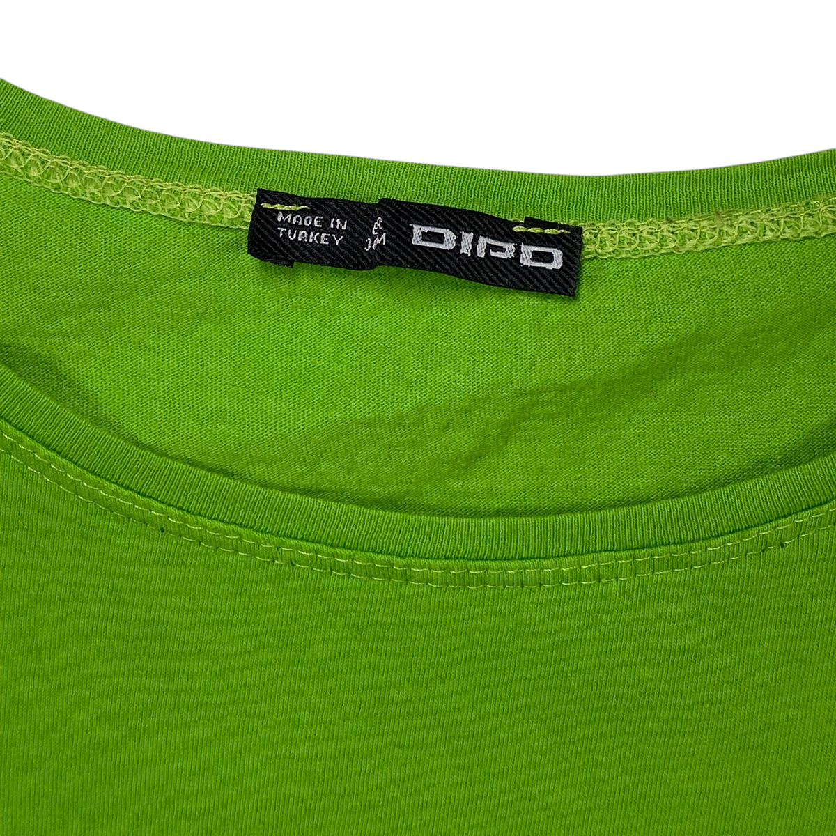 Digg It Thrift & Vintage lime green Dipo brand t-shirt neck label showing made in Turkey