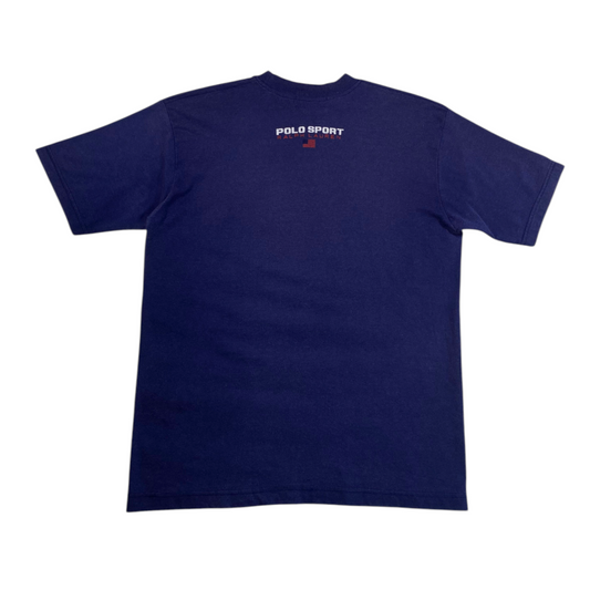 Back view of a vintage navy blue Polo Sport Ralph Lauren graphic t-shirt from Digg It Thrift & Vintage.