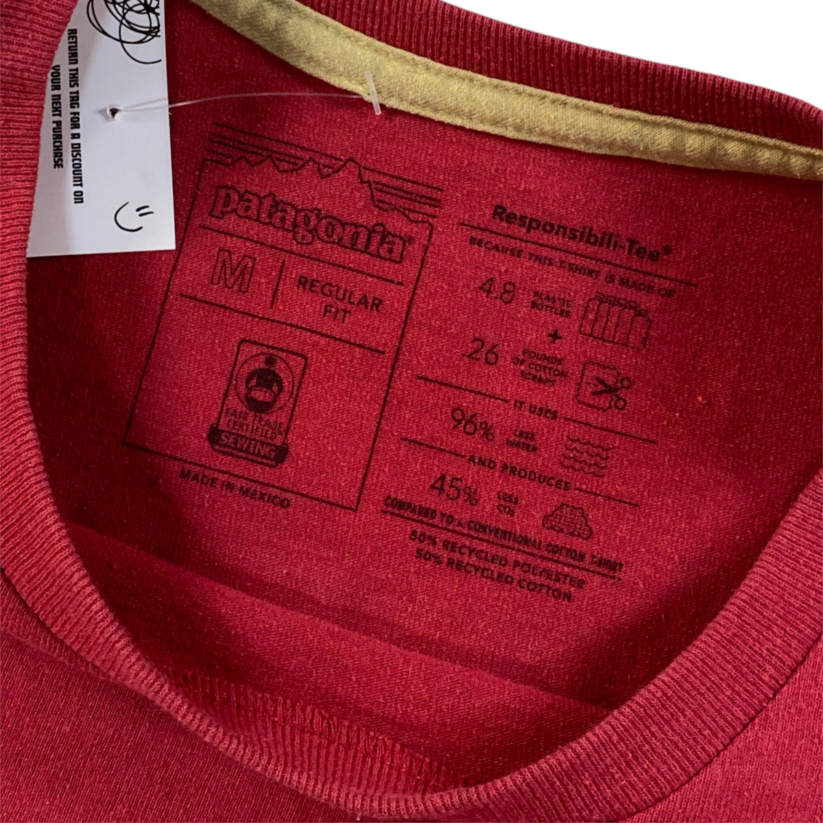 Digg It Thrift & Vintage Patagonia Responsibili-Tee brick red t-shirt neck label with size medium tag