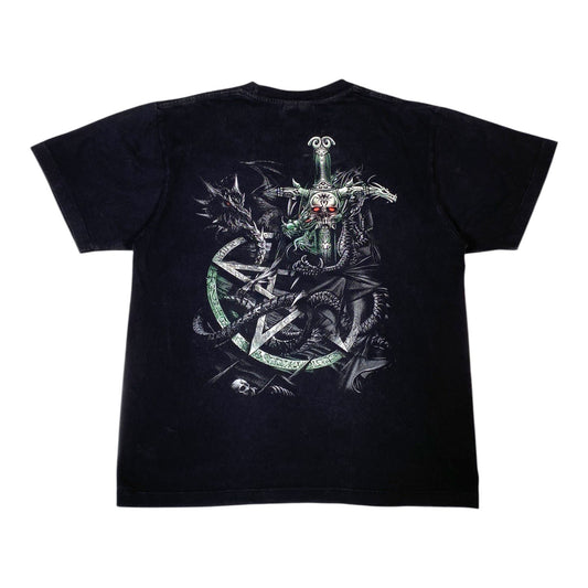 A black short-sleeve t-shirt with a large graphic print on the back featuring a gothic-style illustration of a dragon, a sword, and a pentagram in shades of green, gray, and white.