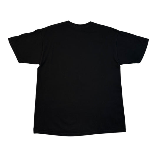 A plain black short-sleeve crewneck t-shirt shown from the back, laid flat against a solid white background.