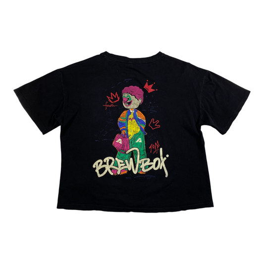 Digg It Thrift & Vintage black boxy crop t-shirt featuring a colorful Brewbox clown graphic print on the back