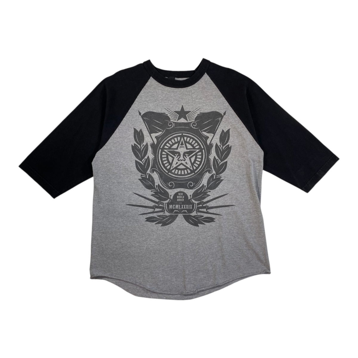 Digg It Thrift & Vintage Obey Propaganda two-tone grey and black raglan graphic t-shirt with New World Order print