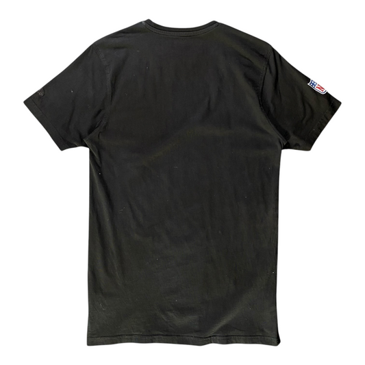 Back view of a black Digg It Thrift & Vintage San Francisco 49ers NFL cotton t-shirt with a small logo on the sleeve.