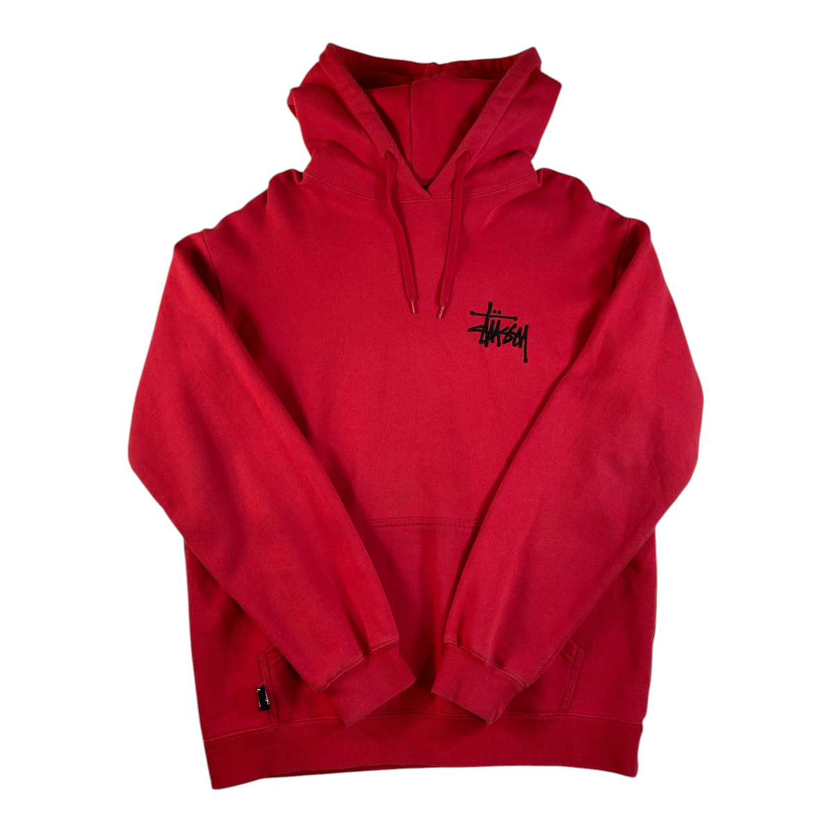 Digg It Thrift & Vintage red Stüssy pullover hoodie with black embroidered logo and front kangaroo pocket