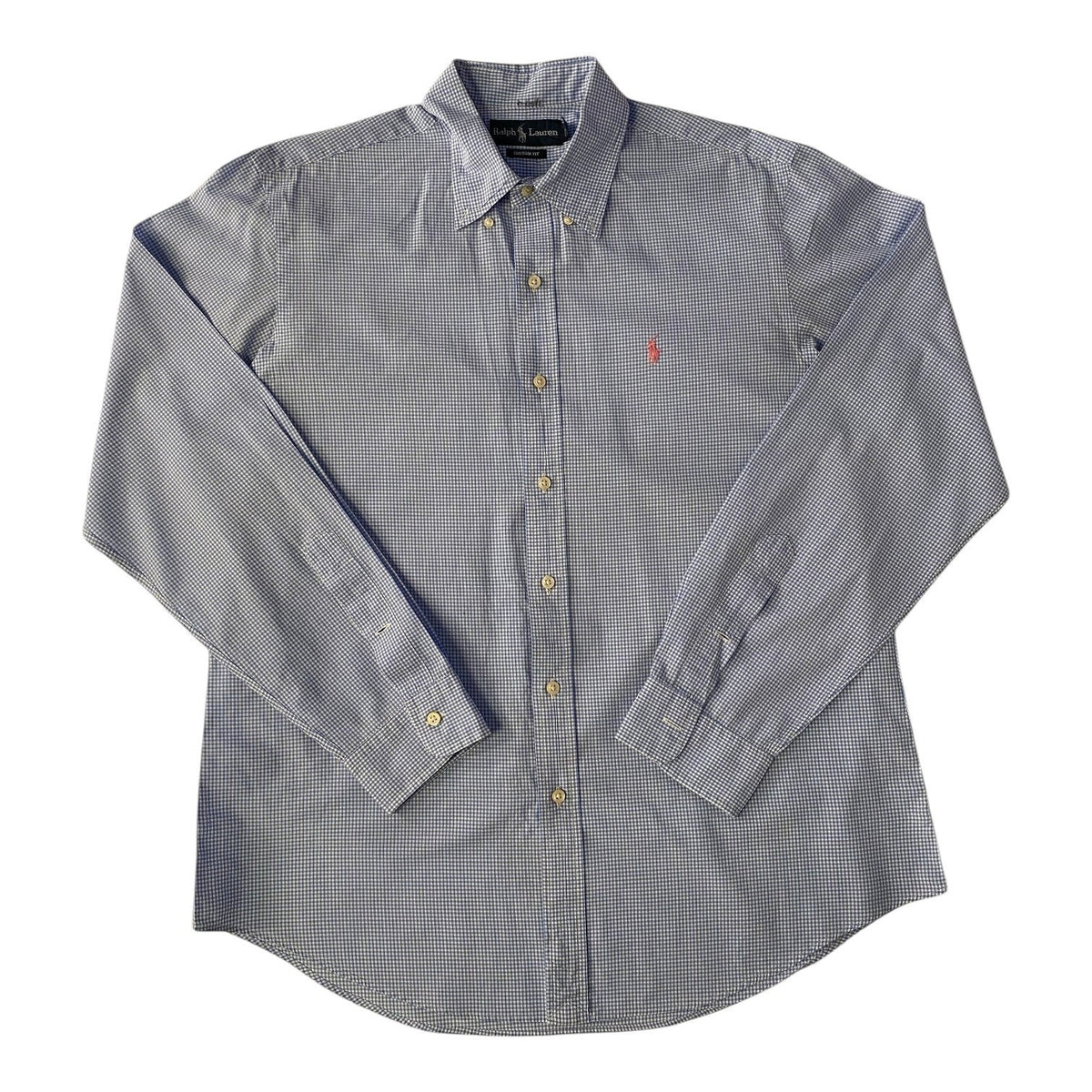 Ralph Lauren Blue & White Gingham Check Pattern Custom Fit Button Down Shirt
