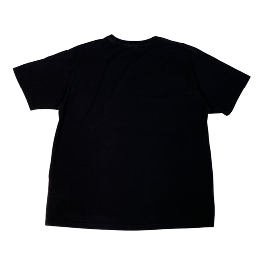A plain black short-sleeve crewneck t-shirt shown from the back, laid flat against a solid white background.
