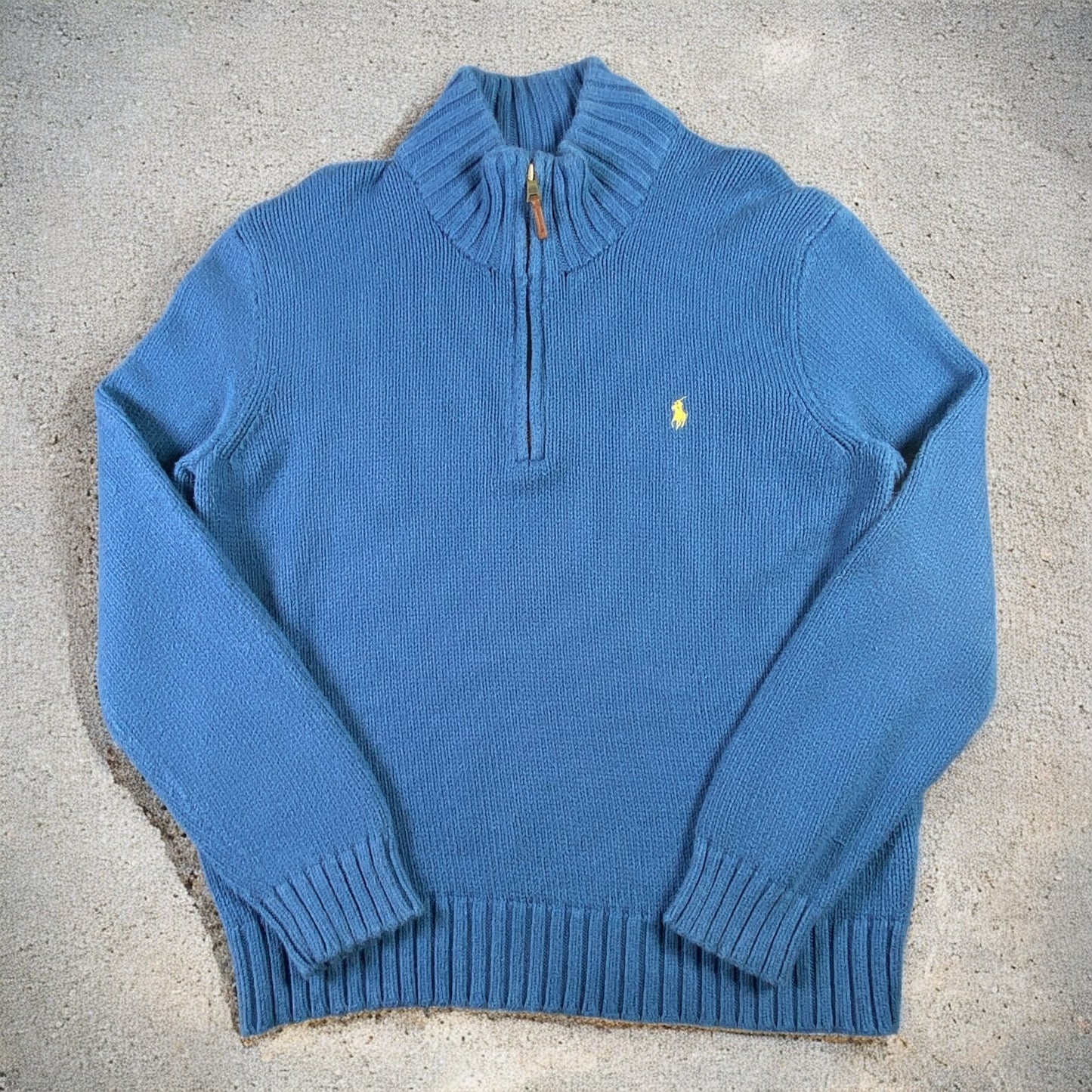 Polo Ralph Lauren Quarter-Zip Long Sleeve Blue Cotton Knit Sweater Yellow Embroidered Logo