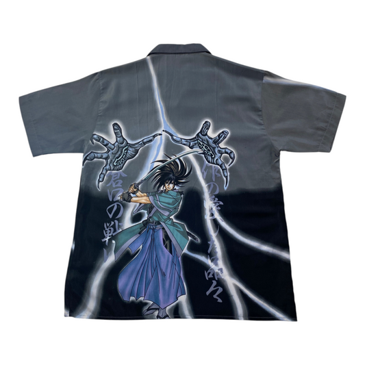 Digg It Thrift & Vintage gray and black short sleeve shirt featuring an anime samurai graphic with lightning effect