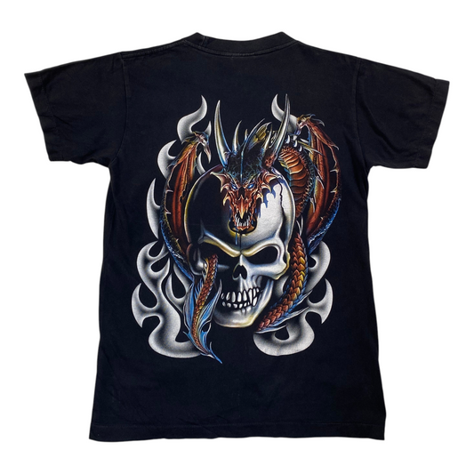Digg It Thrift & Vintage black t-shirt featuring a detailed Rock Eagle dragon and skull graphic print on the back.