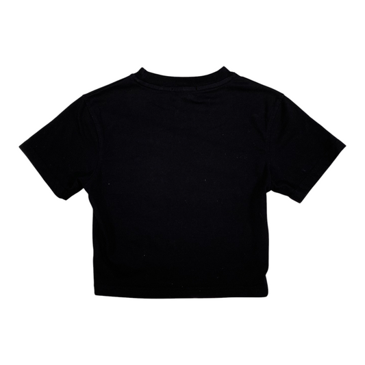Back view of a black PrettyLittleThing crop t-shirt from Digg It Thrift & Vintage, featuring a simple crew neck.