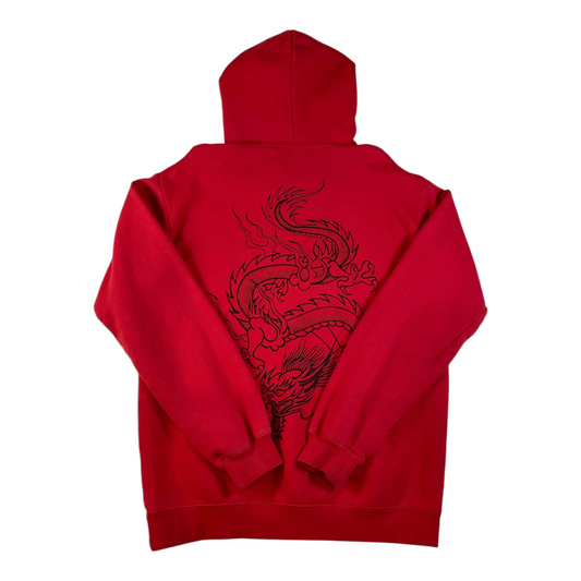 Digg It Thrift & Vintage red Stüssy pullover hoodie featuring a large black embroidered dragon graphic on the back.