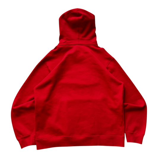 Back view of a red Nike X Supreme leather hoodie from Digg It Thrift & Vintage, featuring a clean streetwear design.