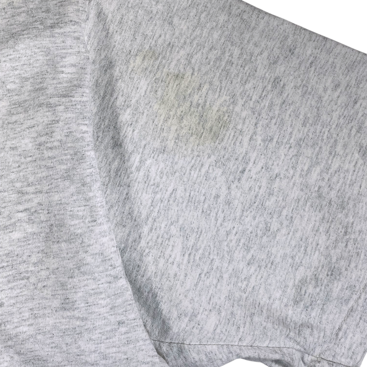 Digg It Thrift & Vintage grey heathered cotton t-shirt sleeve detail showing a faint stain