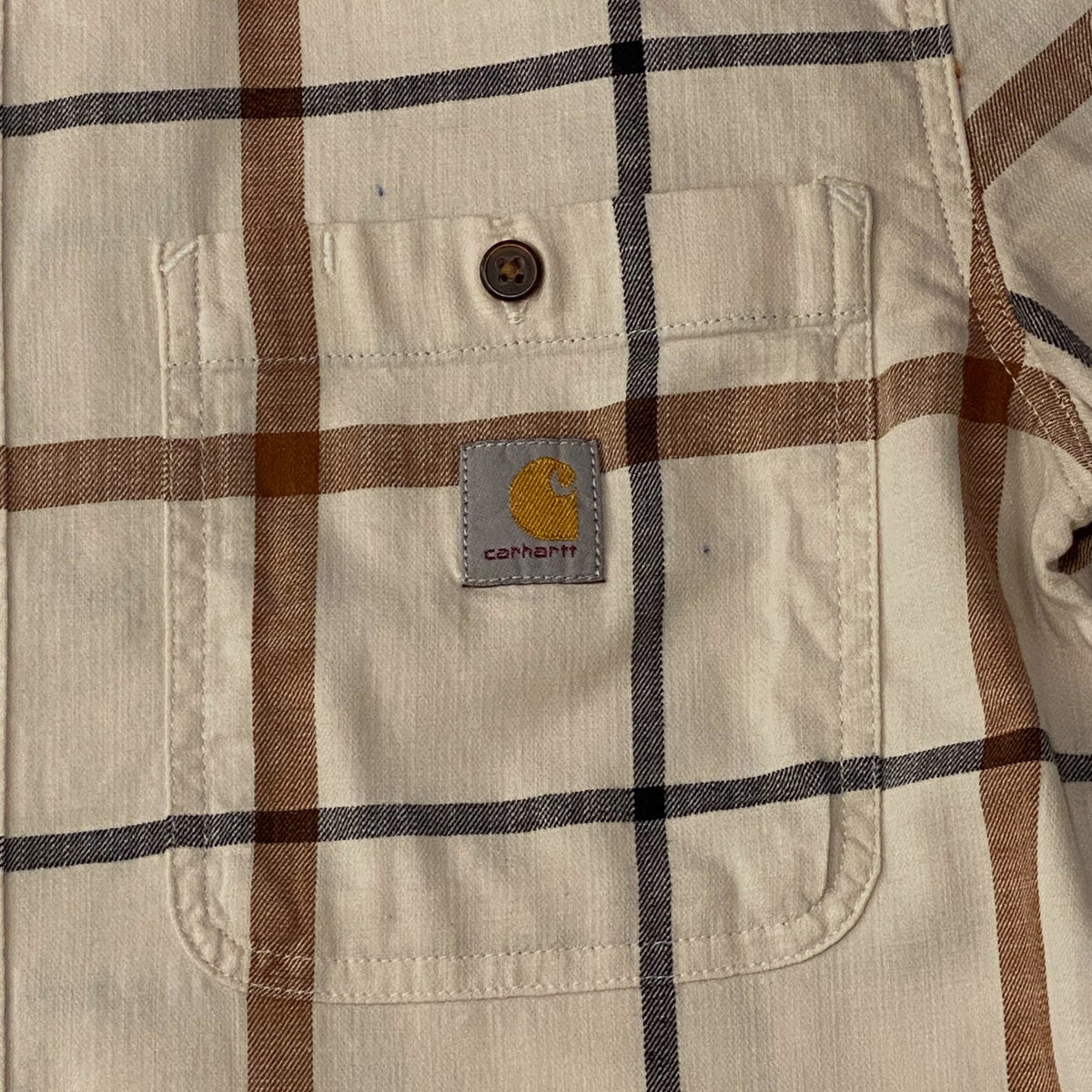 Carhartt Rugged Flex Cream, Blue, & Brown Plaid Pattern Shirt
