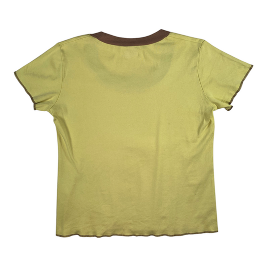 Digg It Thrift & Vintage yellow scoop neck t-shirt with brown contrast trim and lettuce edge hem, size large