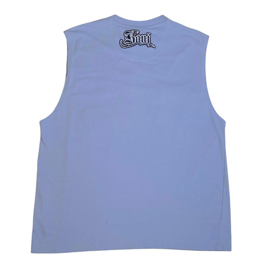 A light blue sleeveless muscle t-shirt shown from the back, featuring a black and white gothic-style 'Shiny' logo printed on the upper back, set against a plain white background.