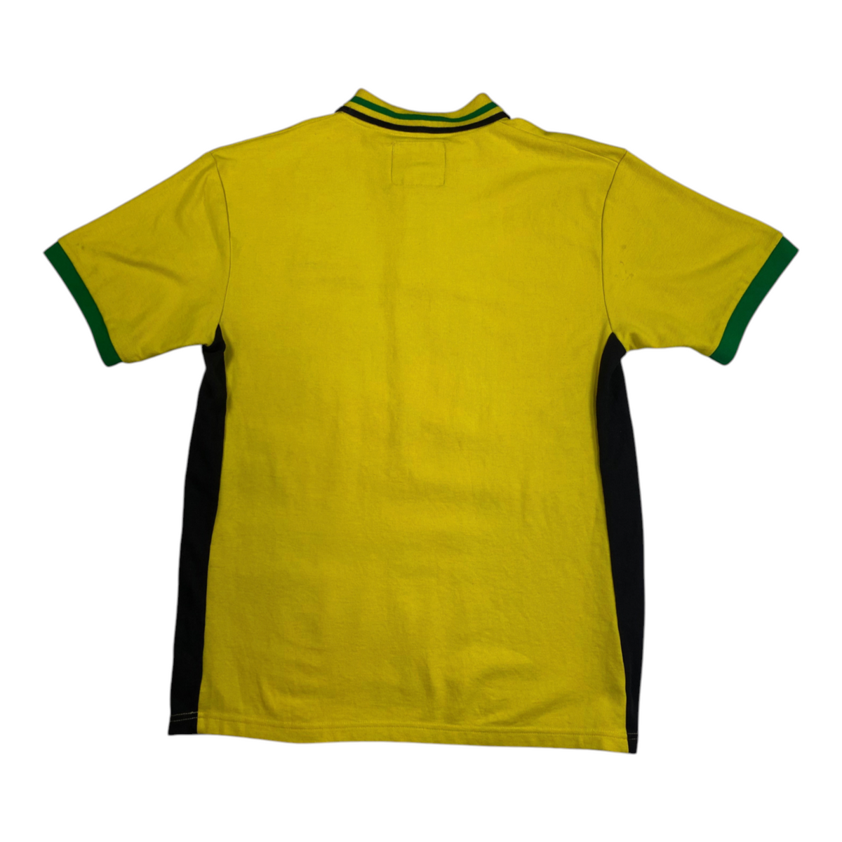 Back view of a yellow Digg It Thrift & Vintage polo shirt with green and black collar and sleeve trim.