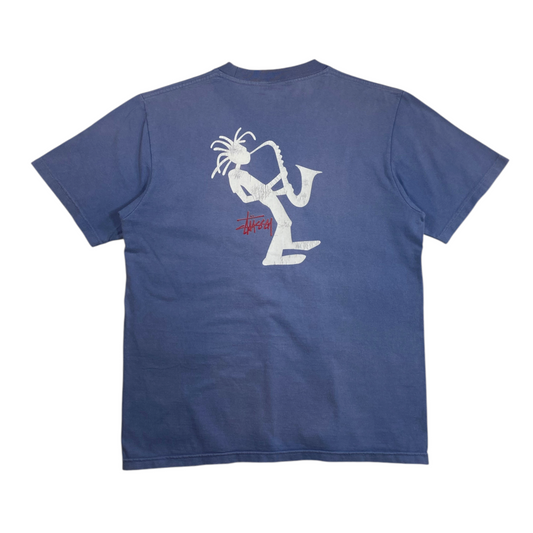 Digg It Thrift & Vintage faded blue Stüssy t-shirt featuring a white saxophone player graphic on the back