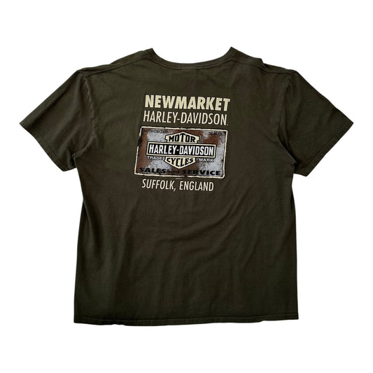 Vintage Y2K Harley-Davidson Newmarket Suffolk England Graphic Dark Green T-shirt