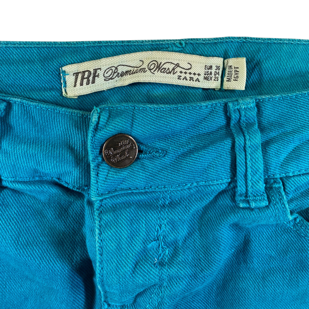 Digg It Thrift & Vintage Zara TRF Premium Wash teal denim mini skirt with branded button and interior label