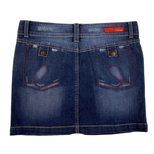 Digg It Thrift & Vintage dark wash denim mini skirt with red stitching and back pocket detailing