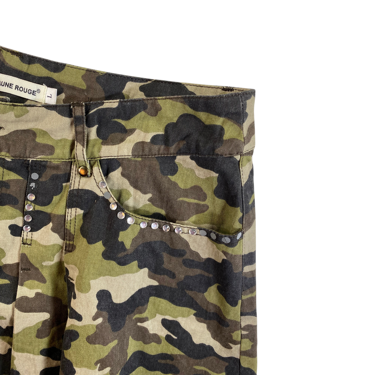 Digg It Thrift & Vintage Jaune Rouge camouflage mini skirt with rhinestone-studded pocket trim and size L label