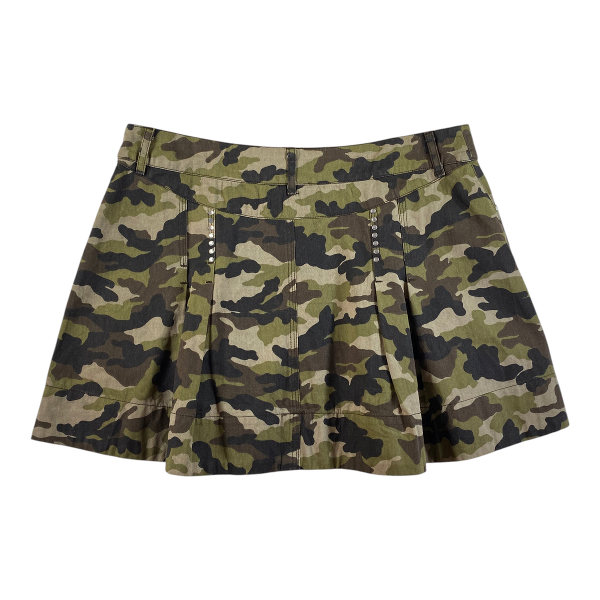 Digg It Thrift & Vintage camouflage pleated mini skirt with rhinestone stud details in green, brown, and black.