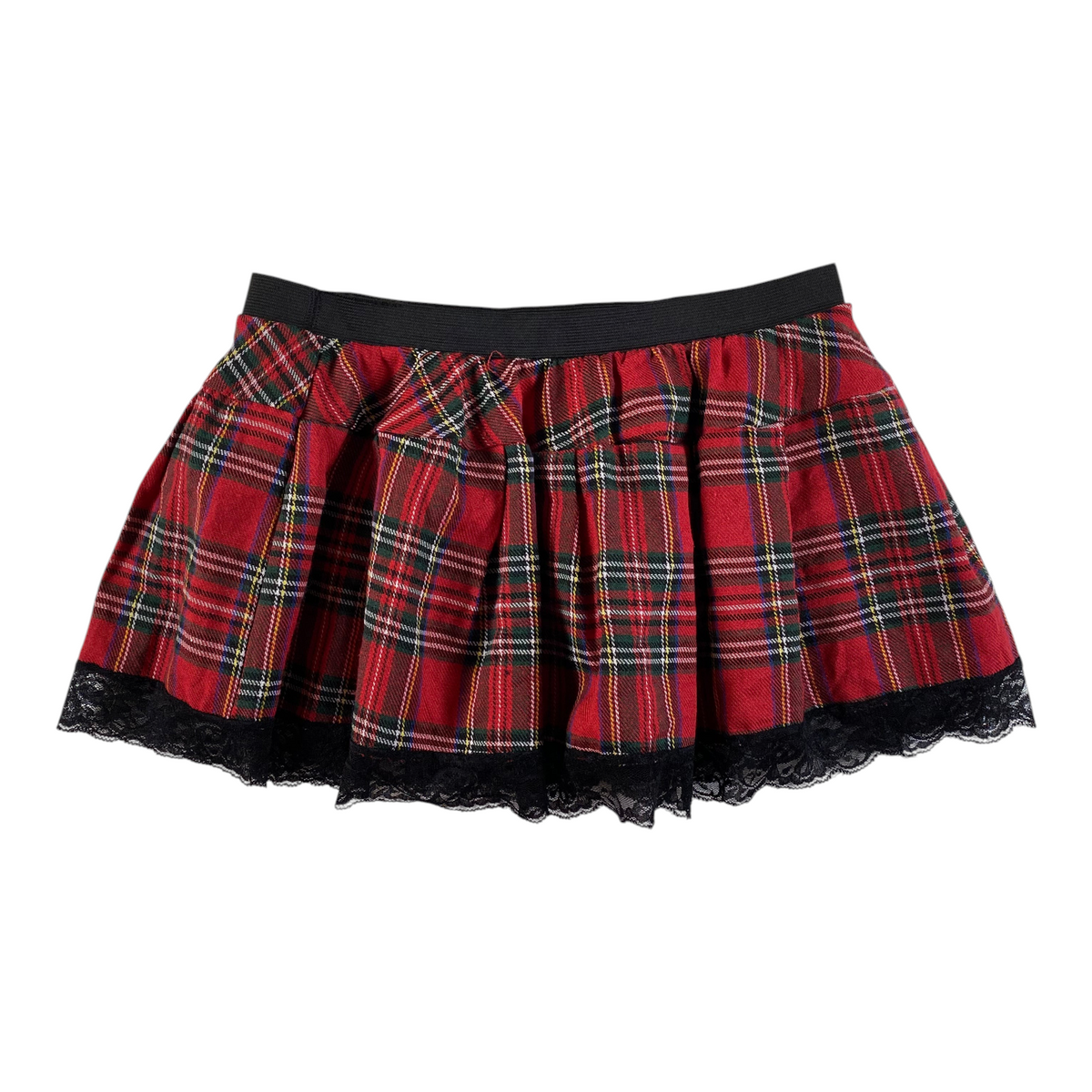 Digg It Thrift & Vintage red plaid pleated mini skirt with black lace trim and elastic waistband, size small