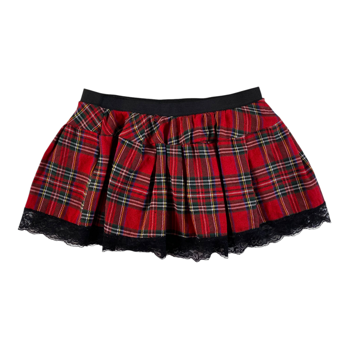 Digg It Thrift & Vintage red plaid pleated mini skirt with black lace trim and elastic waistband