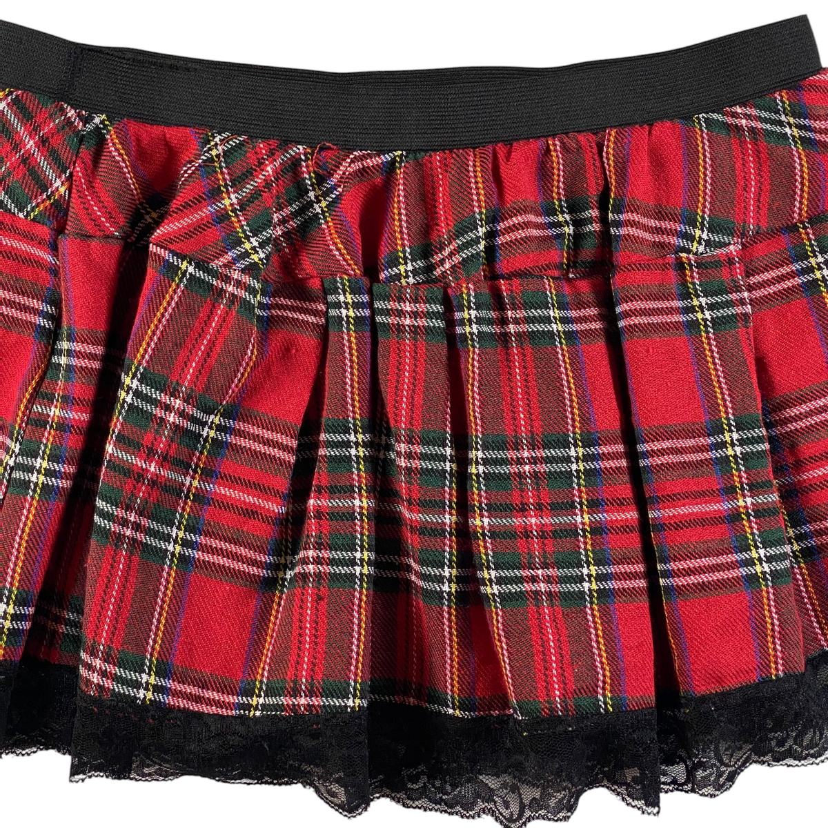 Digg It Thrift & Vintage red plaid pleated mini skirt with black lace trim and elastic waistband