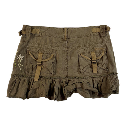 Digg It Thrift & Vintage brown Guess Jeans utility mini skirt with floral embroidery, cargo pockets, and ruffle hem.