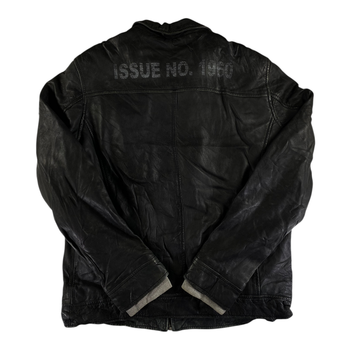 Digg It Thrift & Vintage black distressed leather Lonsdale London moto jacket with back graphic, size large fits XL