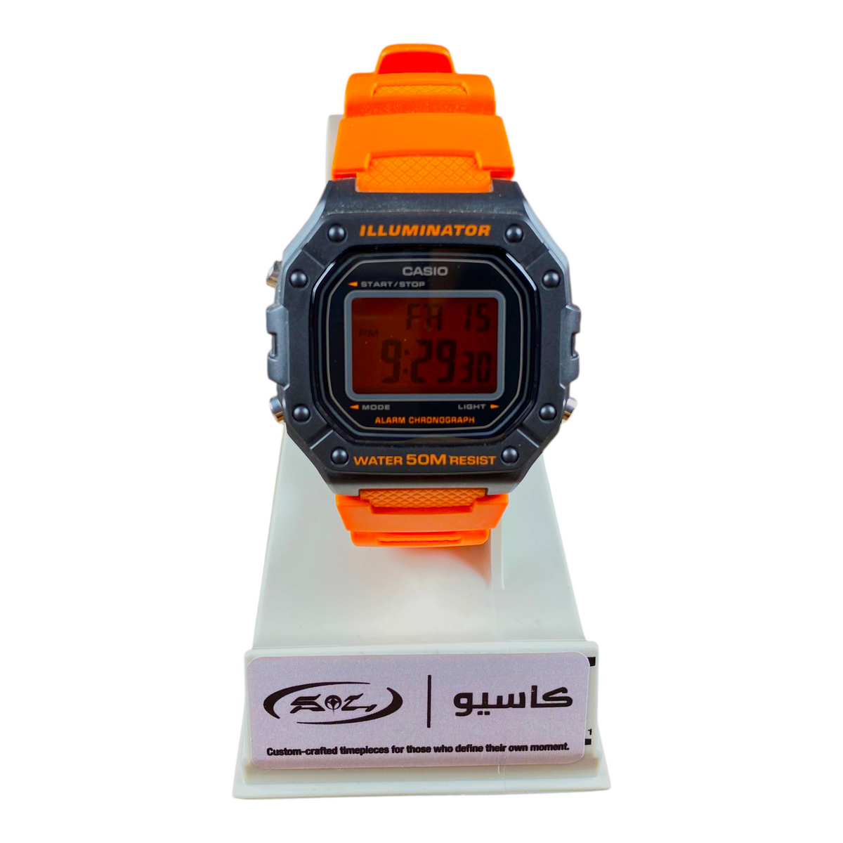 Digg It Thrift & Vintage custom Casio W-218H tactical watch with a black case and vibrant safety orange resin strap.