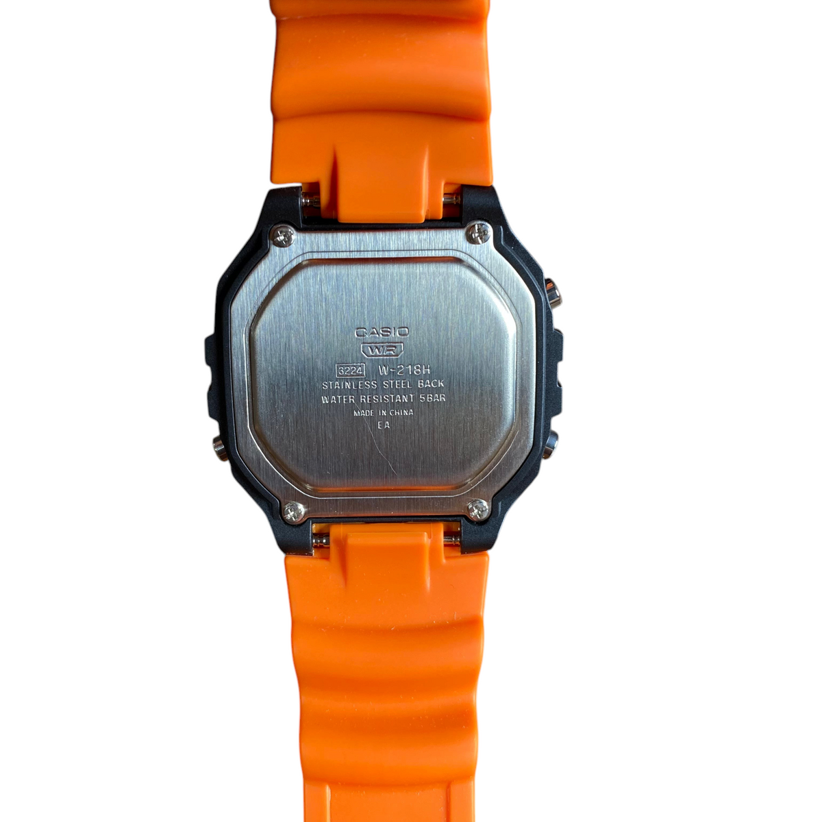 Digg It Thrift & Vintage custom Casio W-218H tactical watch with bright orange resin strap and stainless steel back