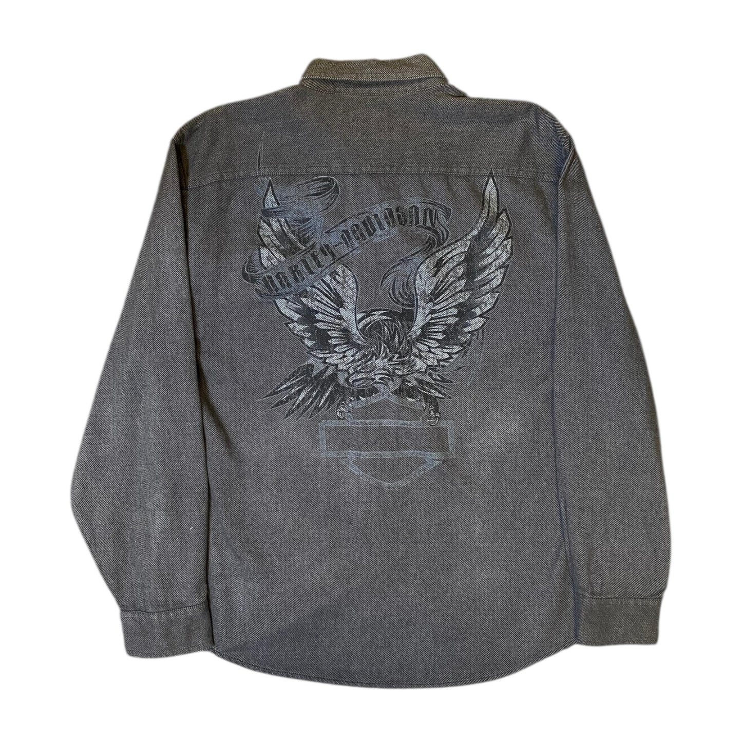 Harley Davidson Grey Button Up Eagle Back Print Shirt