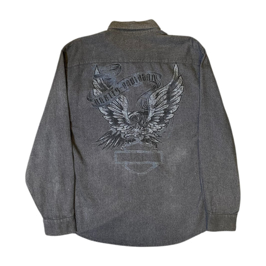 Harley Davidson Grey Button Up Eagle Back Print Shirt