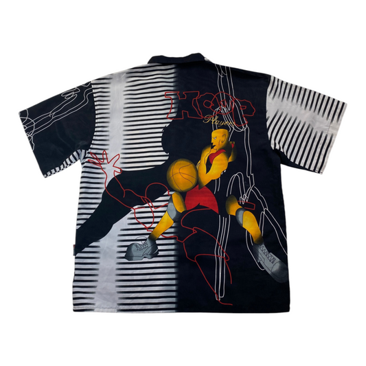 Digg It Thrift & Vintage basketball graphic button down shirt with black and white striped pattern in size Large