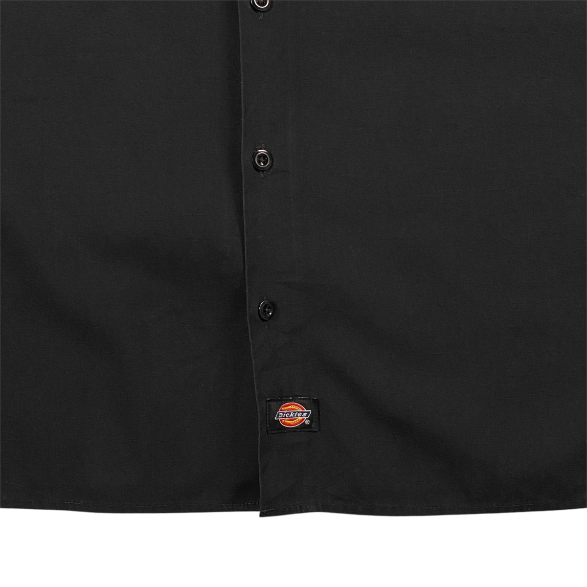 Digg It Thrift & Vintage black Dickies work shirt with button-down front and logo patch, size large.