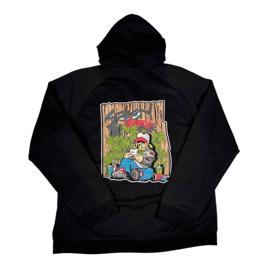 Digg It Thrift & Vintage black pullover hoodie featuring a green graffiti art character print on the back