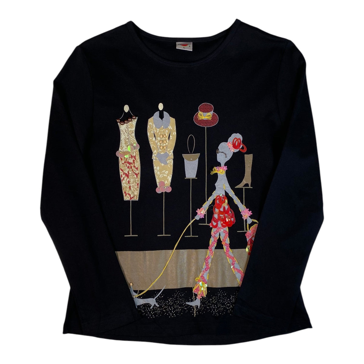 Digg It Thrift & Vintage black long sleeve top featuring a whimsical fashion runway graphic with embellished details.