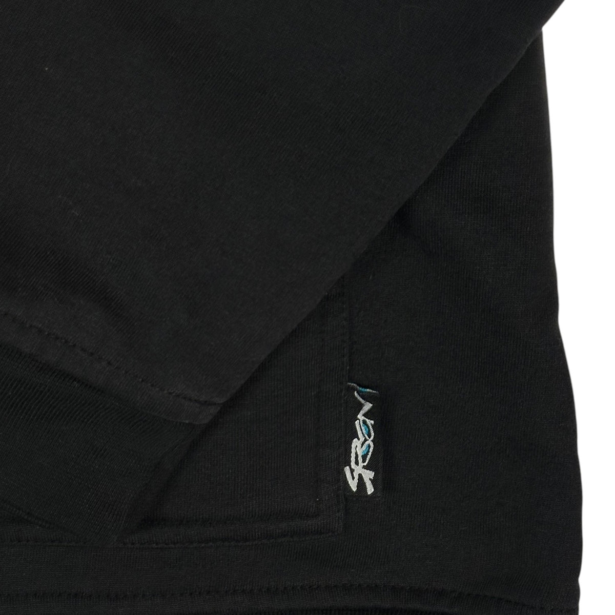 Digg It Thrift & Vintage black pullover hoodie featuring a small SRCN green graffiti character logo tag