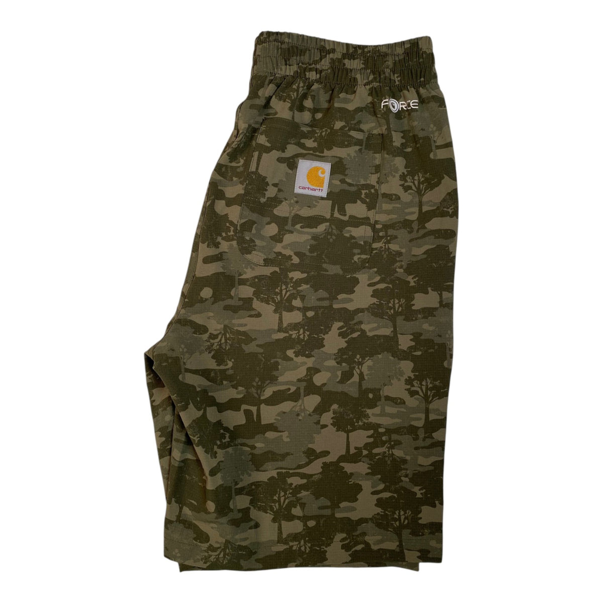 Digg It Thrift & Vintage Carhartt Force camo ripstop stretch shorts in green with back pocket logo patch