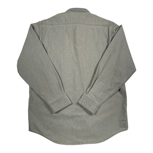 Back view of a Digg It Thrift & Vintage Carhartt washed khaki canvas long sleeve work shirt in a size large.