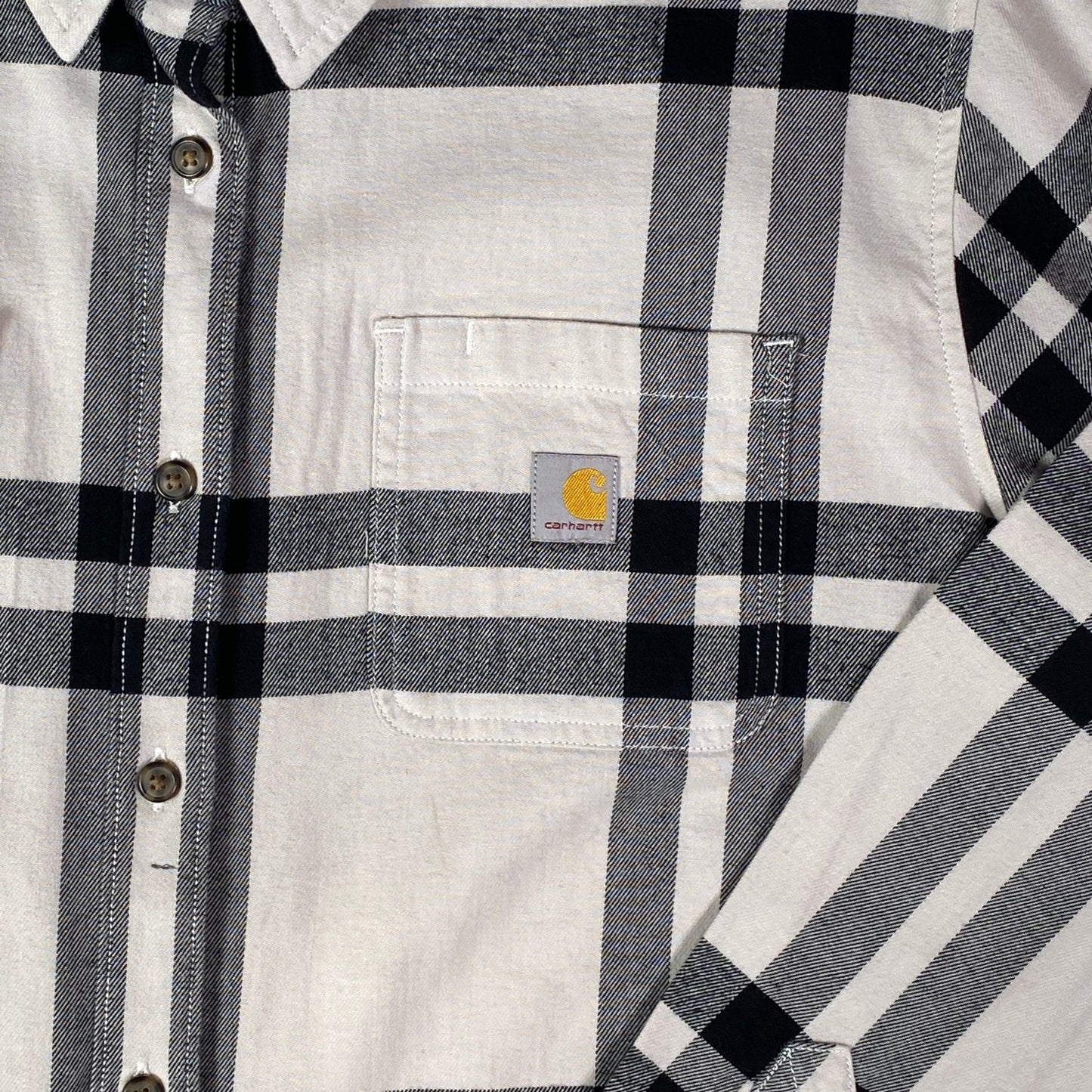 Digg It Thrift & Vintage Carhartt black and white plaid flannel long sleeve shirt with chest pocket and logo patch