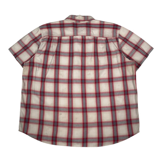 Back view of a Carhartt cream and red plaid short sleeve work shirt from Digg It Thrift & Vintage, size 2XL.