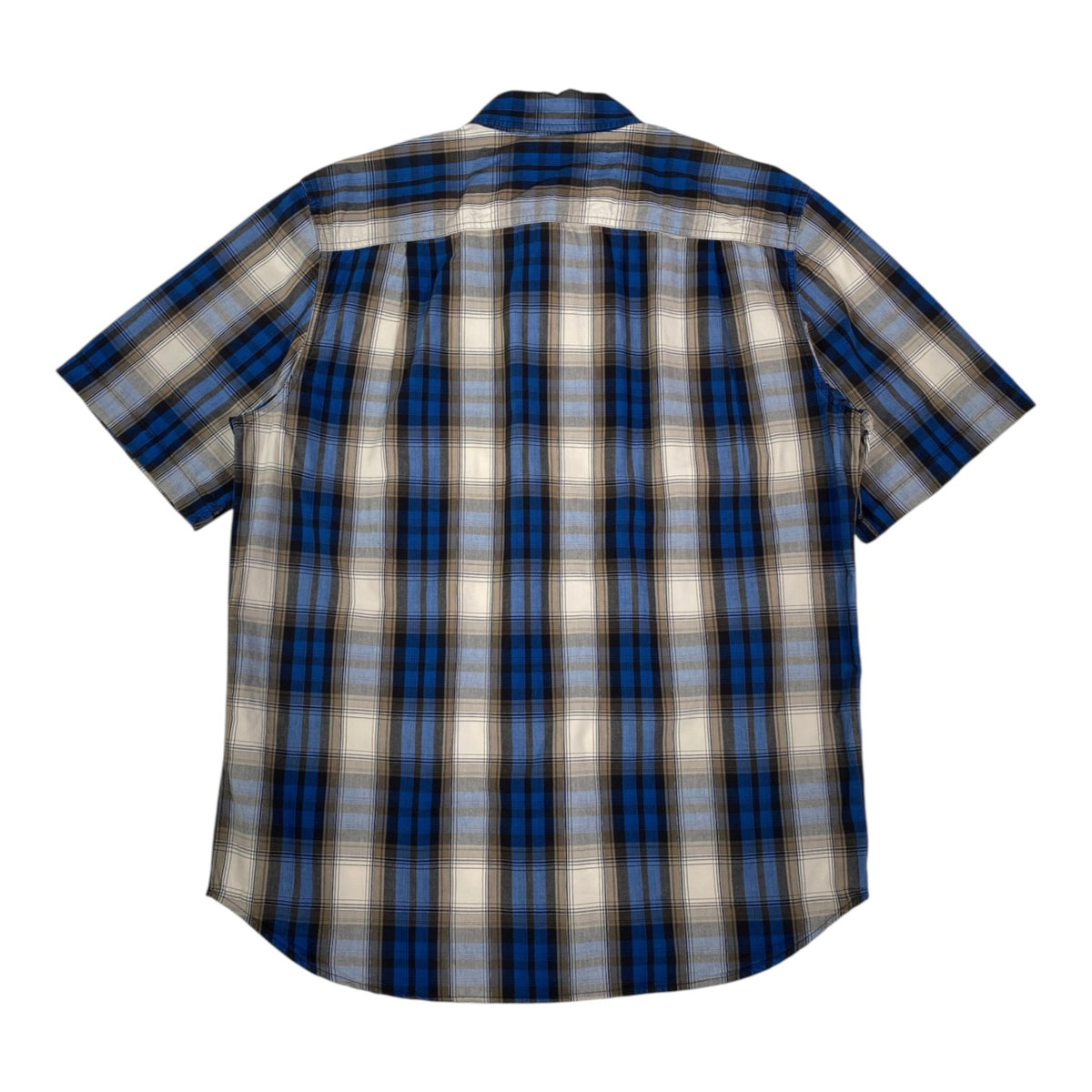 Back view of a Digg It Thrift & Vintage Carhartt short sleeve work shirt in royal blue and tan plaid pattern