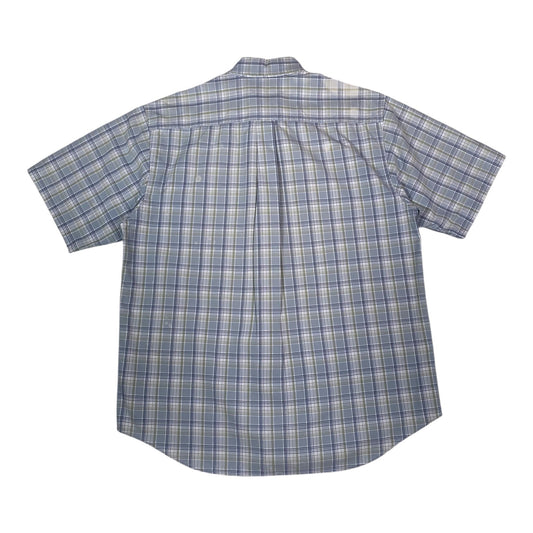 Back view of a Digg It Thrift & Vintage Carhartt short sleeve work shirt in light blue and sage plaid pattern.