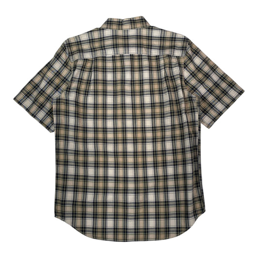 Back view of a Digg It Thrift & Vintage Carhartt olive and beige plaid short sleeve work shirt in size medium.