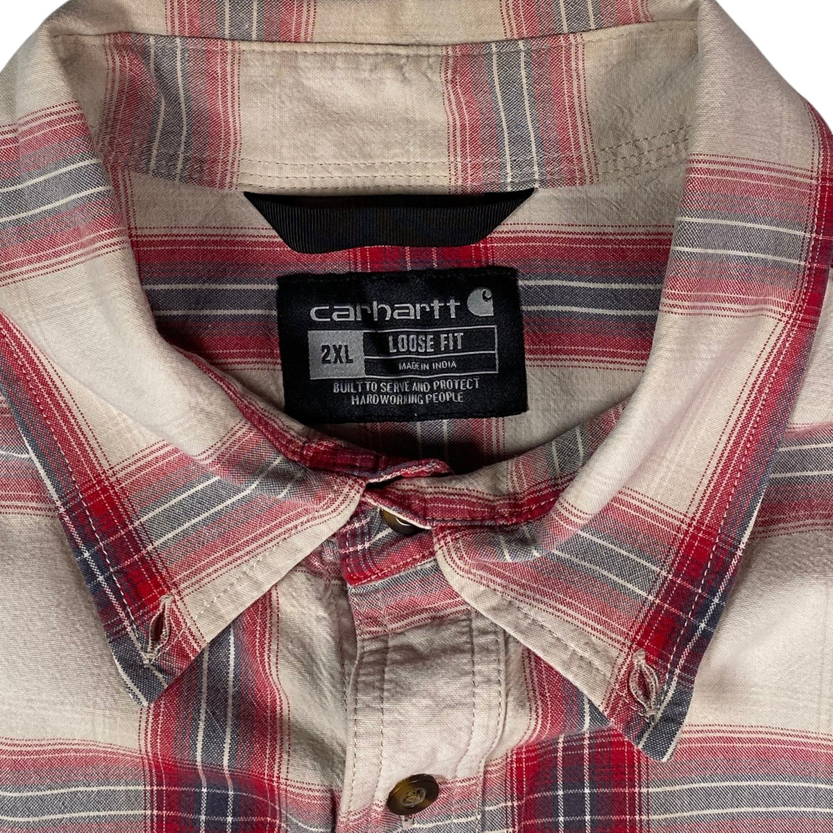 Digg It Thrift & Vintage Carhartt cream and red plaid short sleeve work shirt with 2XL loose fit label